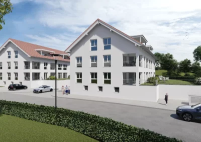 Wohnkomplex Engel Areal in Erlangen, weitere Ansicht mit Fokus auf die Gebäudefronten und harmonisch gestaltete Außenbereiche