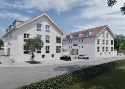 Detailansicht der Wohngebäude des Engel Areals in Erlangen, mit gepflegter Außenanlage, Parkplätzen und Zugangsbereich