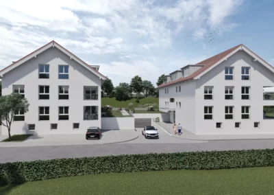 Perspektivische Ansicht der Wohngebäude im Engel Areal Erlangen von der Straße aus, mit klarem Blick auf die Architektur und die Umgebung